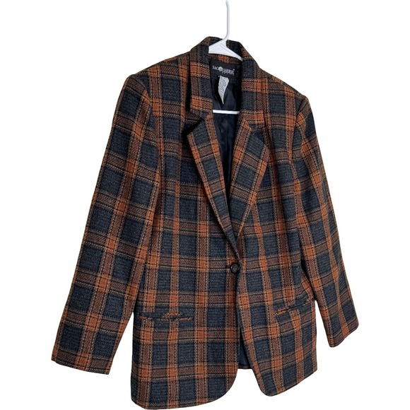 Sag Harbor Petite Vintage 90s Wool Blend Plaid Blazer Orange Brown Grey Size 10P - Picture 6 of 13